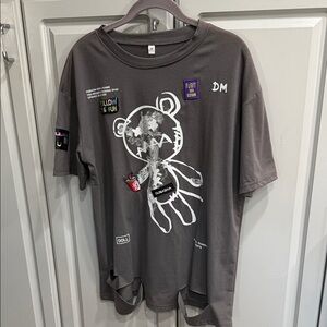 Y2K Graphic Goth Teddy Bear Patch Sz M Vtg Tee Charcoal Grey Distressed